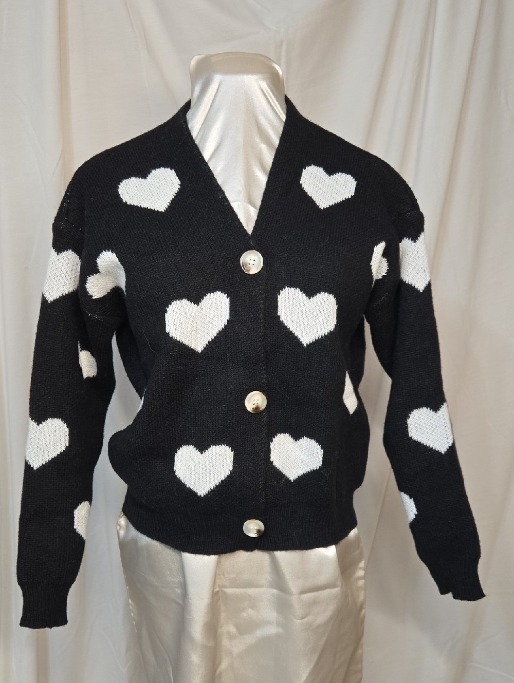 Black Heart Pattern Button-Front Women's Sweater